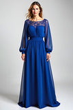 Robe Bleu Royal Manches Longues Mousseline Une Ligne Mère de la Mariée