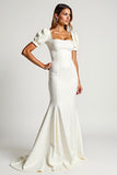 Robe de mariée longue sirène ivoire à manches courtes