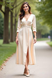 Champagne Col V Une Ligne 3/4 Manches Mère de la Mariée Robe