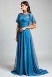 Bleu Une Ligne À Volants Manches Longue Mousseline De Soie Robe Mère De La Mariée