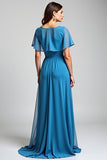 Bleu Une Ligne À Volants Manches Longue Mousseline De Soie Robe Mère De La Mariée