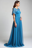 Bleu Une Ligne À Volants Manches Longue Mousseline De Soie Robe Mère De La Mariée