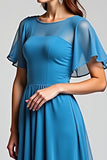 Bleu Une Ligne À Volants Manches Longue Mousseline De Soie Robe Mère De La Mariée