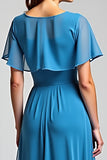 Bleu Une Ligne À Volants Manches Longue Mousseline De Soie Robe Mère De La Mariée