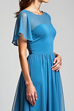 Bleu Une Ligne À Volants Manches Longue Mousseline De Soie Robe Mère De La Mariée