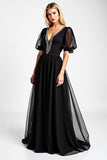 Noir Une Ligne Perlé Col V Long Mousseline De Soie Robe Mère De La Mariée