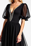 Noir Une Ligne Perlé Col V Long Mousseline De Soie Robe Mère De La Mariée