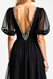 Noir Une Ligne Perlé Col V Long Mousseline De Soie Robe Mère De La Mariée