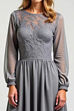 Gris Une Ligne Manches Longues Mousseline De Soie Robe Mère De La Mariée