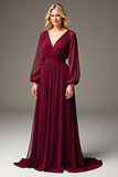Robe longue en mousseline de soie à manches longues à col en V bordeaux Robe longue de la mère de la mariée