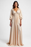 Robe Mère De La Mariée Robe Champagne Col V Manches Longues Satin