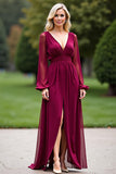 Robe Bourgogne Col V Manches Longues Mousseline De Soie Mère De La Mariée