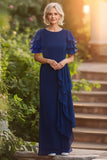 Fourreau bleu marine Scoop manches courtes Robe longue mère de la mariée