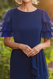 Fourreau bleu marine Scoop manches courtes Robe longue mère de la mariée