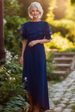 Fourreau bleu marine volanté scoop mousseline de soie longue robe mère de la mariée