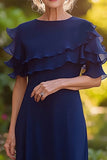 Fourreau bleu marine volanté scoop mousseline de soie longue robe mère de la mariée
