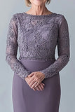 Élégante robe moulante de mère de la mariée gris acier avec appliques de dentelle