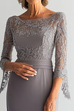 Elégant Sliver Shesth Scoop Long Mousseline De Soie Mère De La Mariée Robe Avec Appliques De Dentelle