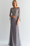 Elégant Sliver Shesth Scoop Long Mousseline De Soie Mère De La Mariée Robe Avec Appliques De Dentelle