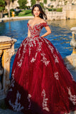 Robe de bal bordeaux à épaules dénudées Tulle Quinceanera Robe avec appliques