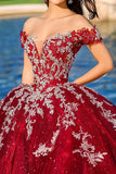 Robe de bal bordeaux à épaules dénudées Tulle Quinceanera Robe avec appliques