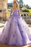Robe Quinceanera à manches longues en tulle princesse à épaules dénudées lilas