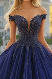 Robe de bal en tulle bleu marine sans bretelles à épaules dénudées Robe Quinceanera