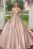 Épaule Dénudée Blush Demi-Manches Satin Robe de bal Quinceanera