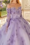 Fleur 3D Manches Longues Épaule Dénudée Robe de bal lilas Quinceanera Robe