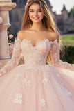 Princesse Rose Bal Épaule Dénudée Manches Longues Tulle Quinceanera Robe avec Appliques de Dentelle