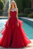 Robe de bal longue à volants rouge A Line Sweetheart
