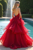 Robe de bal longue à volants rouge A Line Sweetheart