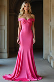 Simple Épaule Dénudée Sirène Robe Longue De Bal Fuchsia