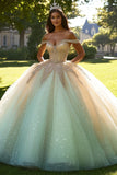 Robe de bal champagne scintillante à épaules dénudées en tulle avec perles