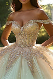 Robe de bal champagne scintillante à épaules dénudées en tulle avec perles