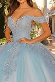 Robe de bal Appliques Bleu Ciel avec Manches Cap