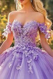 Robe Quinceanera appliquée lilas au sol avec fleurs 3D