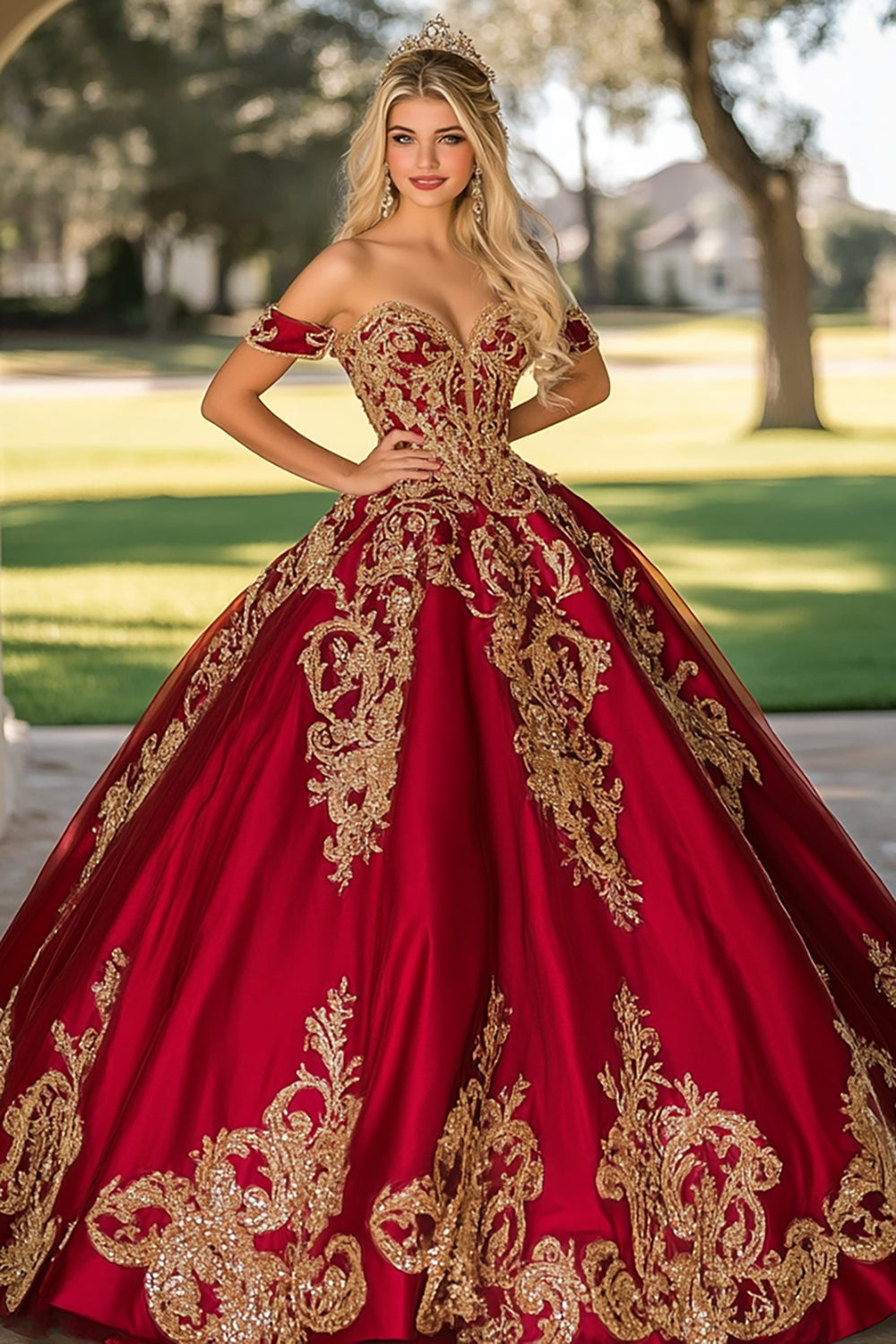 Robe de bal en satin doré rouge scintillant avec appliques