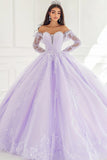 Princesse Lilas Robe de Bal Épaules Dénudées Manches Longues Tulle Quinceanera Robe avec Appliques
