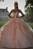 Robe de bal rose scintillante sans bretelles à paillettes à volants Quinceanera