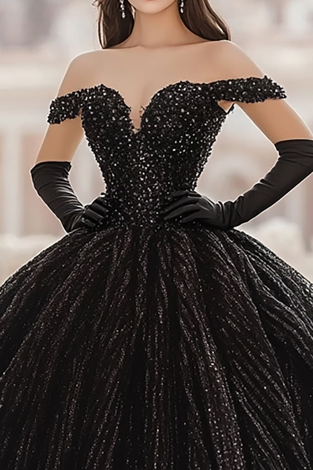 Robe de bal à paillettes à épaules dénudées Robe longue noire Quinceanera