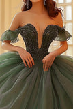 Olive Épaule Dénudée Organza Dentelle Quinceanera Robe