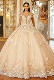 Robe Quinceanera en dentelle à épaules dénudées champagne