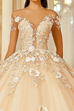 Robe Quinceanera en dentelle à épaules dénudées champagne