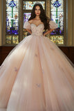 Robe de bal rose à épaules dénudées Robe Quinceanera en tulle appliqué