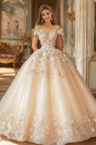 Robe de bal champagne à épaules dénudées de tulle appliqué Quinceanera Dress