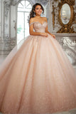 Robe de bal champagne scintillante à épaules dénudées Robe Quinceanera appliquée