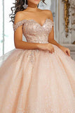 Robe de bal champagne scintillante à épaules dénudées Robe Quinceanera appliquée