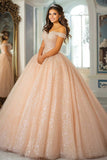 Robe de bal à paillettes champagne à épaules dénudées dentelle appliquée Quinceanera