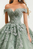 Robe de bal Dusty Sage Épaule Dénudée Tulle Applique Quinceanera Dress